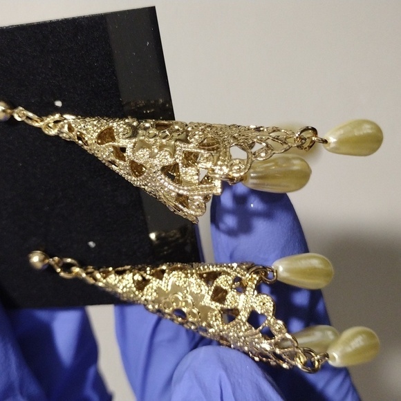 Women's Gold-tone Filigree Cone Shape Design Beaded Drop Dangle Earrings, #5 - Picture 3 of 5